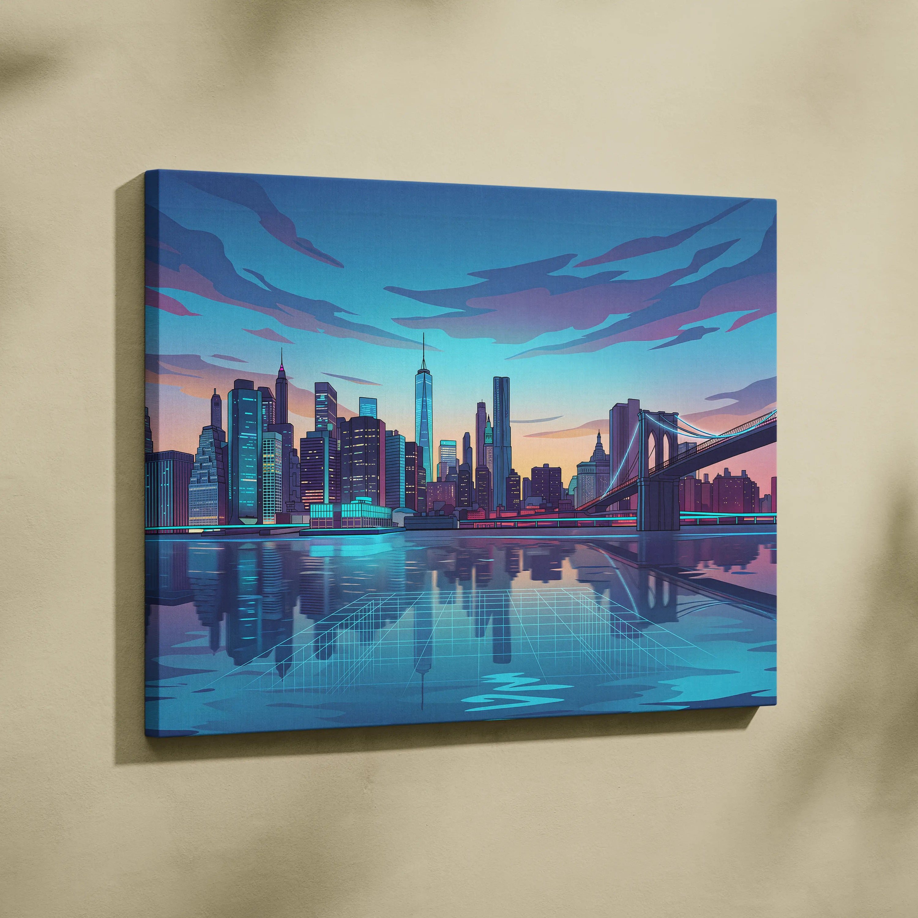 Neon City Vaporwave Canvas - Cityscape Neon Blues Purple Living Room Vaporwave Art Dreamy Retro Futurism Wall Art Canvas