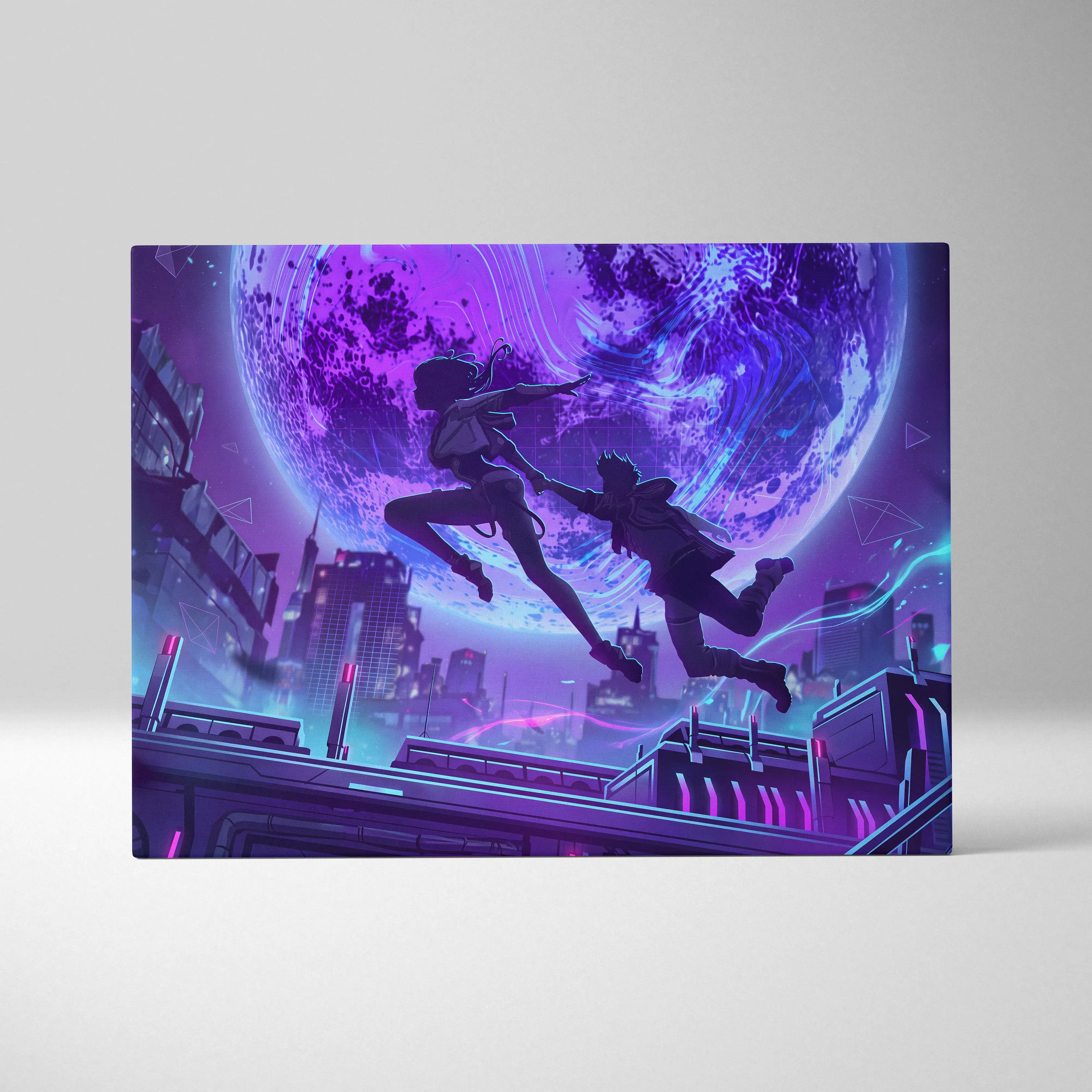 Vaporwave Neon Fantasy Canvas - Vaporwave Scene Neon Purple Blue Living Room Retro-Futurism Moody Neon Wall Art Canvas