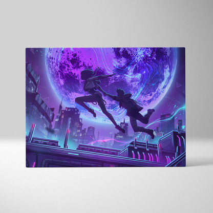 Vaporwave Neon Fantasy Canvas - Vaporwave Scene Neon Purple Blue Living Room Retro-Futurism Moody Neon Wall Art Canvas