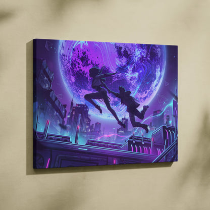 Vaporwave Neon Fantasy Canvas - Vaporwave Scene Neon Purple Blue Living Room Retro-Futurism Moody Neon Wall Art Canvas