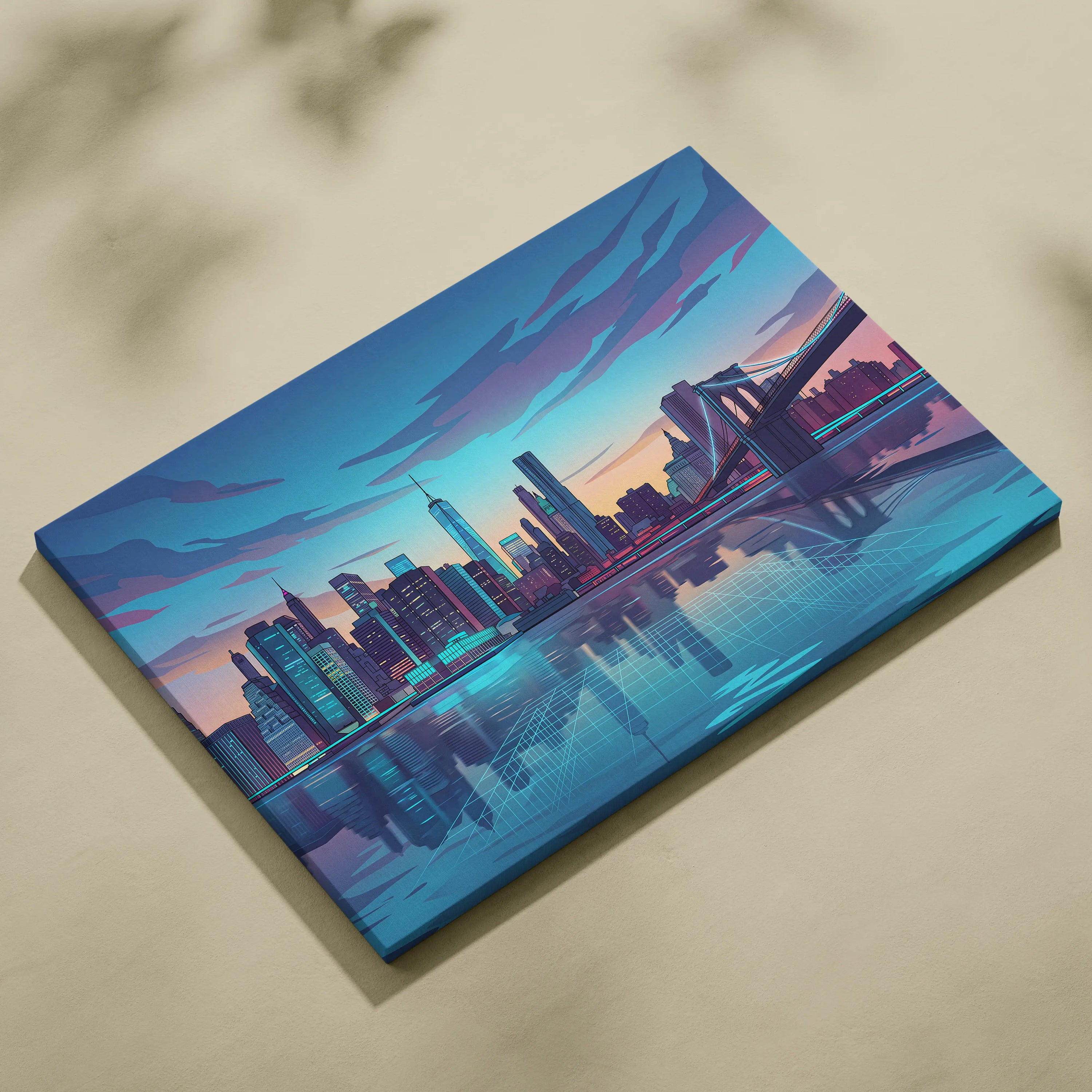 Neon City Vaporwave Canvas - Cityscape Neon Blues Purple Living Room Vaporwave Art Dreamy Retro Futurism Wall Art Canvas