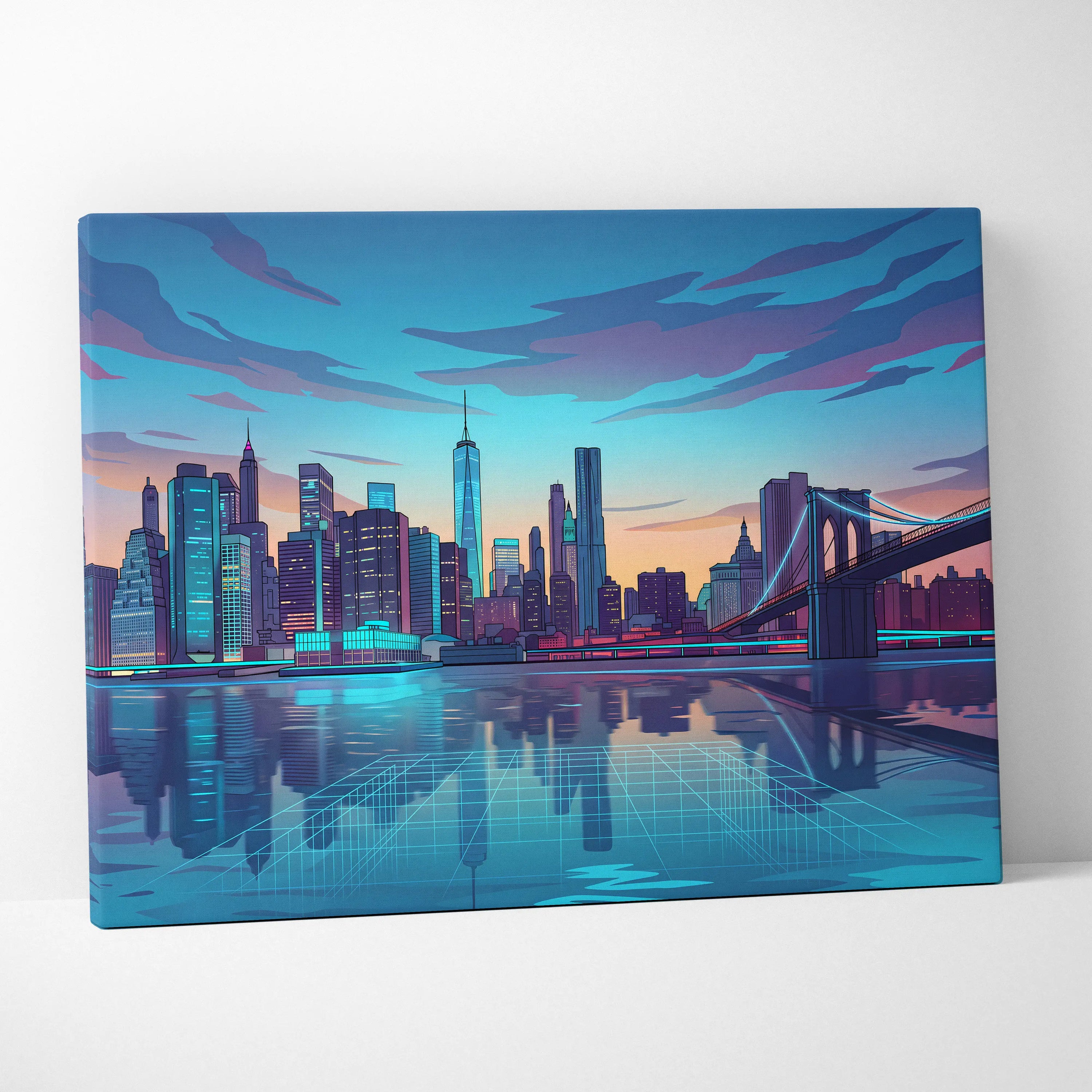 Neon City Vaporwave Canvas - Cityscape Neon Blues Purple Living Room Vaporwave Art Dreamy Retro Futurism Wall Art Canvas