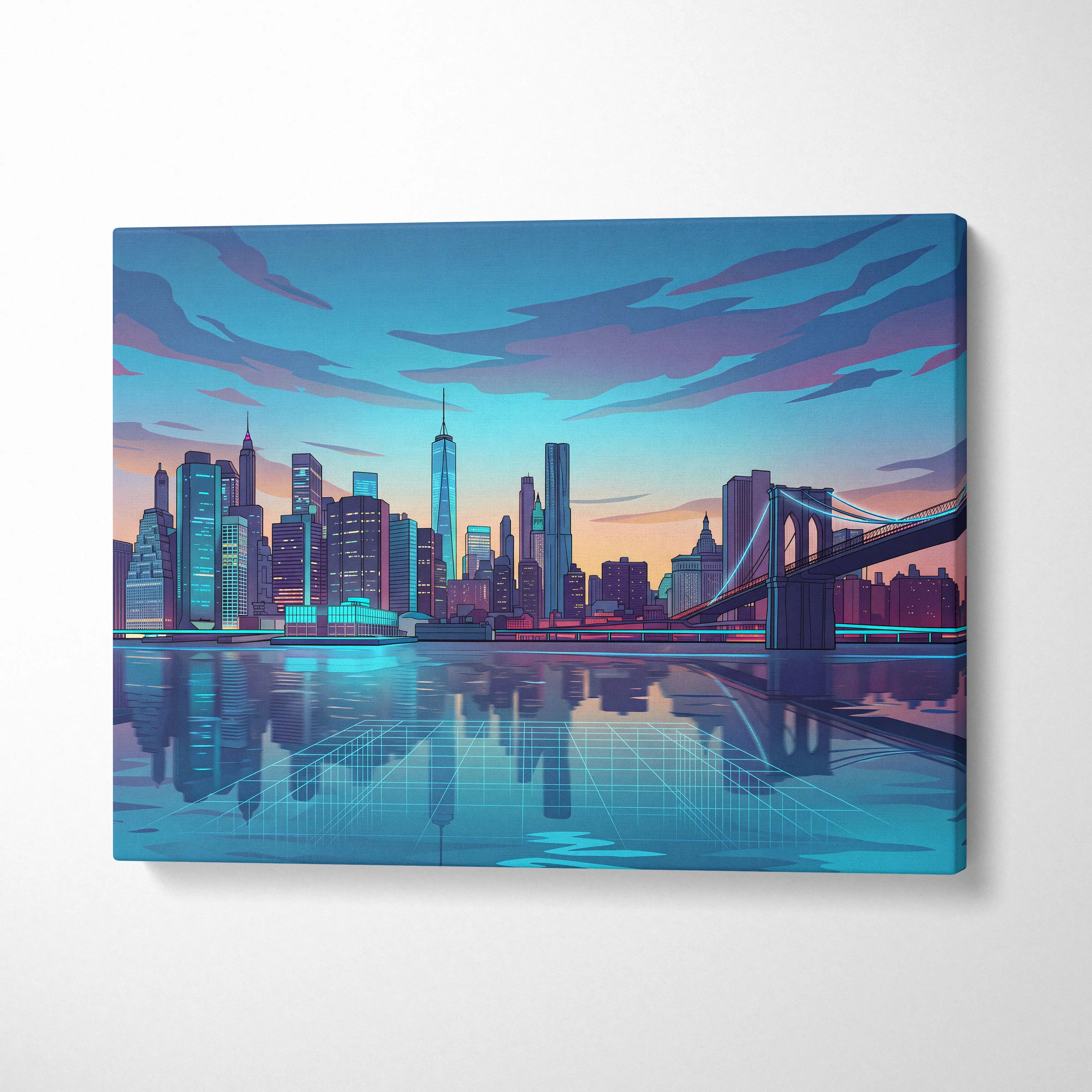 Neon City Vaporwave Canvas - Cityscape Neon Blues Purple Living Room Vaporwave Art Dreamy Retro Futurism Wall Art Canvas