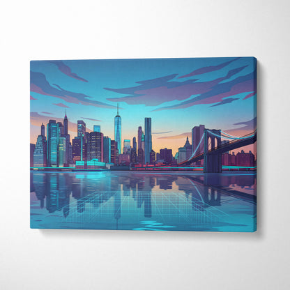 Neon City Vaporwave Canvas - Cityscape Neon Blues Purple Living Room Vaporwave Art Dreamy Retro Futurism Wall Art Canvas
