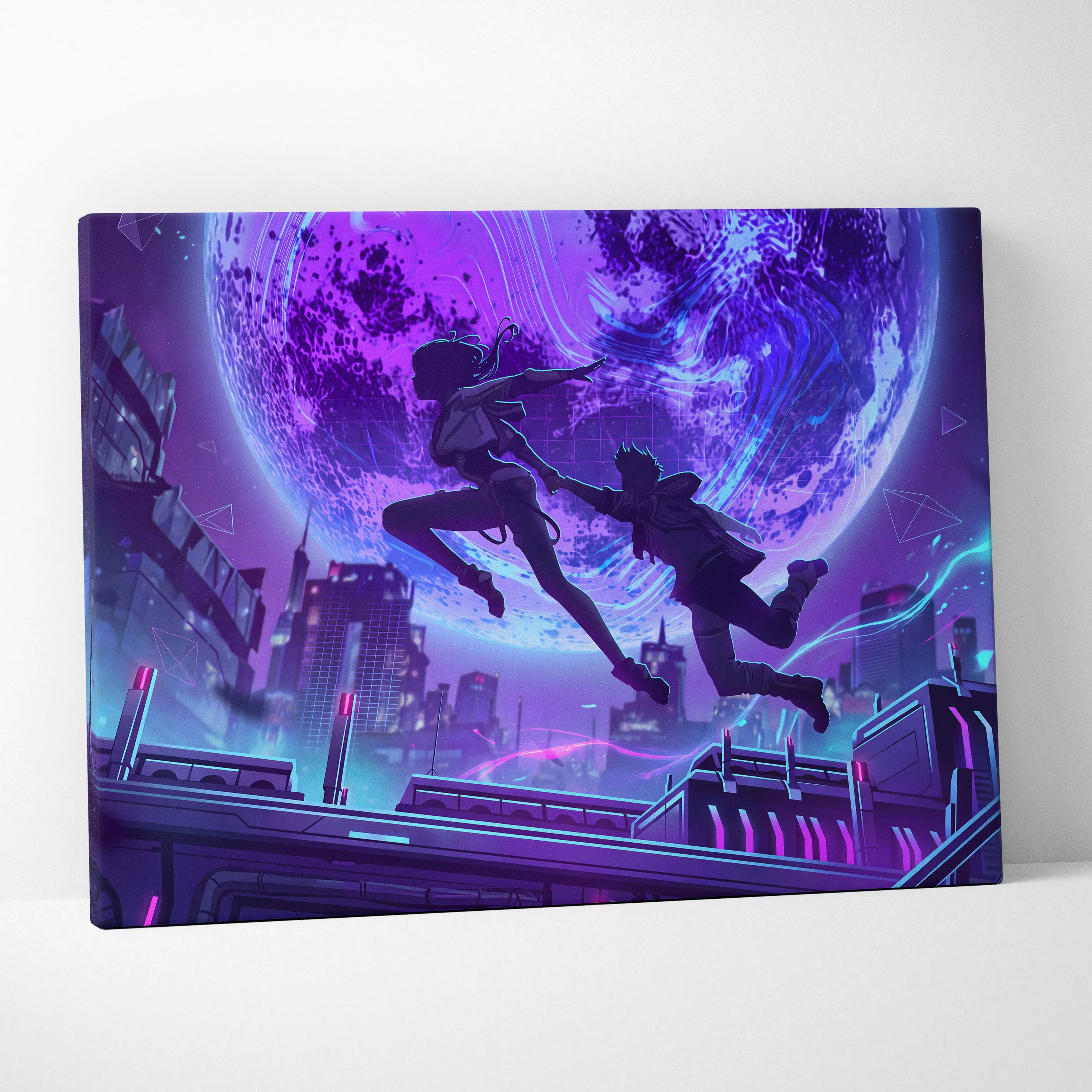 Vaporwave Neon Fantasy Canvas - Vaporwave Scene Neon Purple Blue Living Room Retro-Futurism Moody Neon Wall Art Canvas