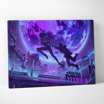 Vaporwave Neon Fantasy Canvas - Vaporwave Scene Neon Purple Blue Living Room Retro-Futurism Moody Neon Wall Art Canvas