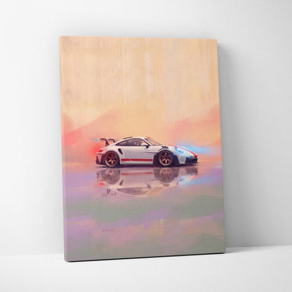 White Porsche 911 GT3 race car with red stripe and black wheels on a canvas print in Porsche 911 GT3 RS inspired style