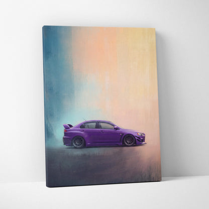 Purple mitsubishi lancer evolution inspired jdm sedan sports car canvas print with gradient background for living room wall art
