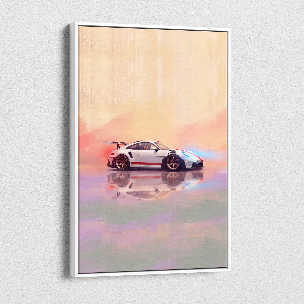 White porsche 911 gt3 rs inspired sports car canvas art with red and blue accents for custom car wall decor