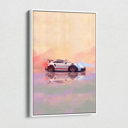 White porsche 911 gt3 rs inspired sports car canvas art with red and blue accents for custom car wall decor