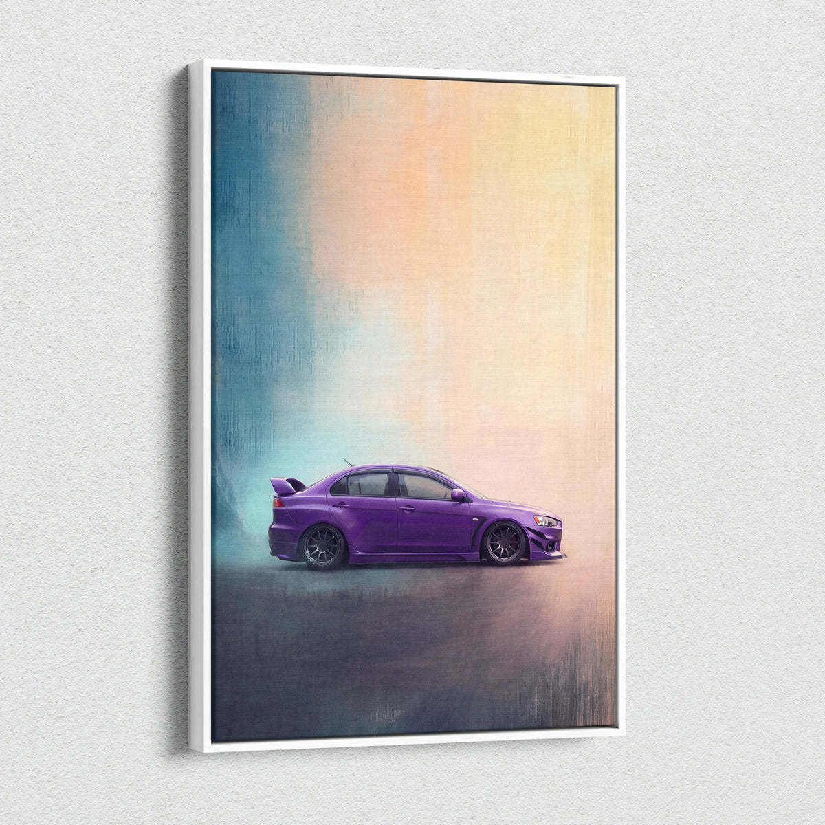 Purple Mitsubishi Lancer Evolution inspired automotive wall art featuring a stylized print in a white frame for living room