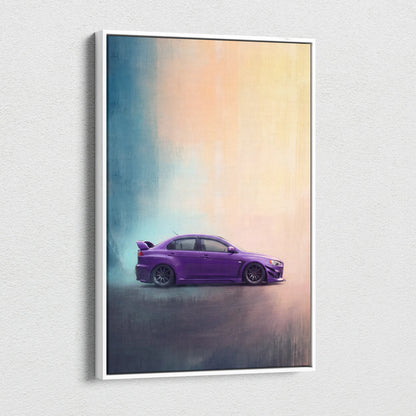 Purple Mitsubishi Lancer Evolution inspired automotive wall art featuring a stylized print in a white frame for living room