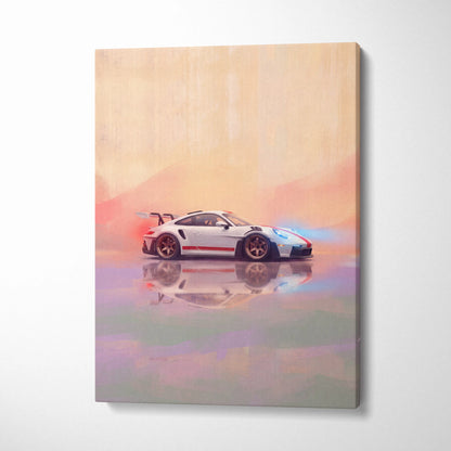 White porsche 911 gt3 rs inspired supercar canvas art with red and blue accents custom car wall art print