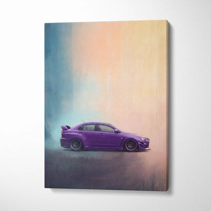 Purple mitsubishi lancer evolution sedan stylized canvas print automotive wall art for living room decor