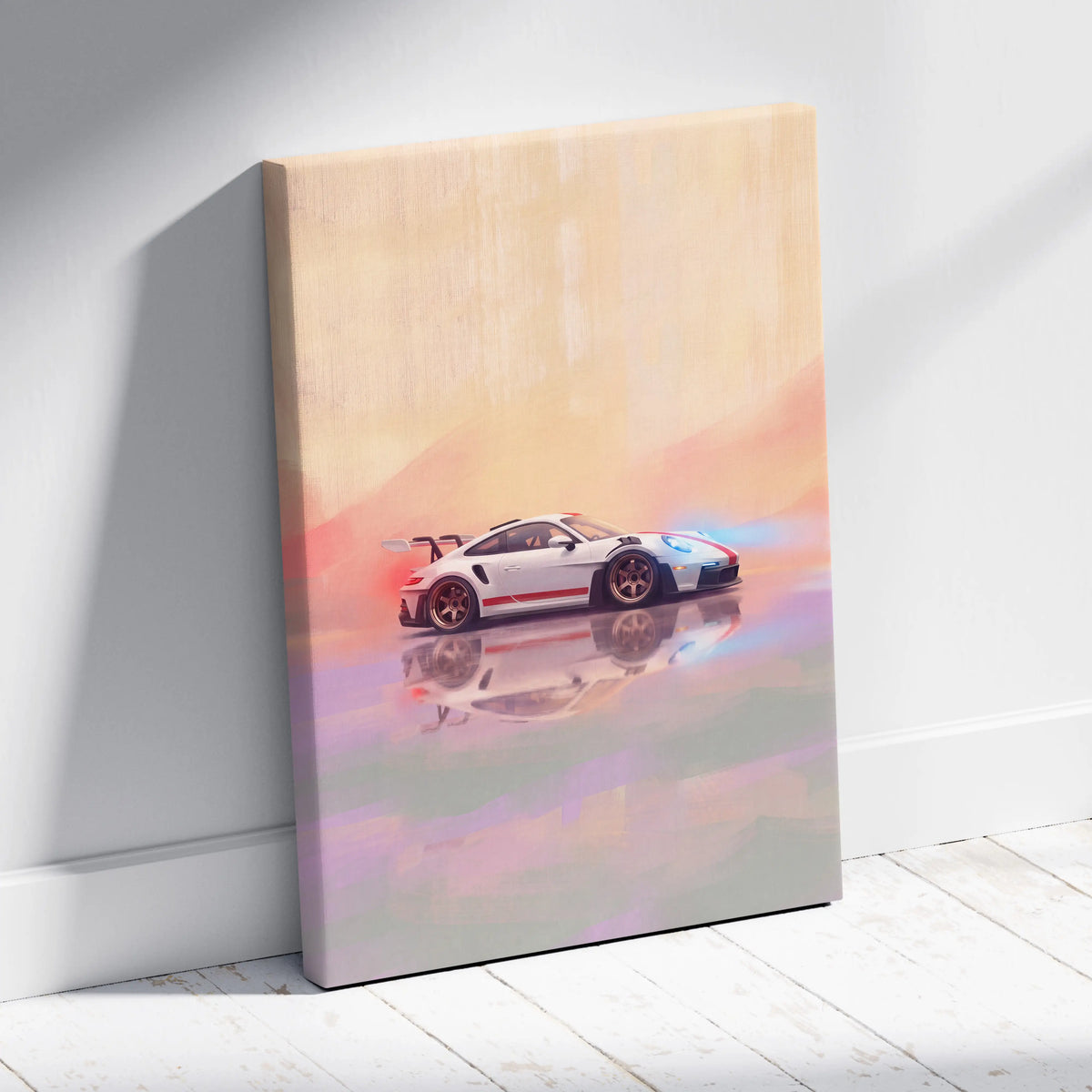 White porsche 911 gt3 rs inspired supercar canvas art print with red and black racing stripes and glossy finish