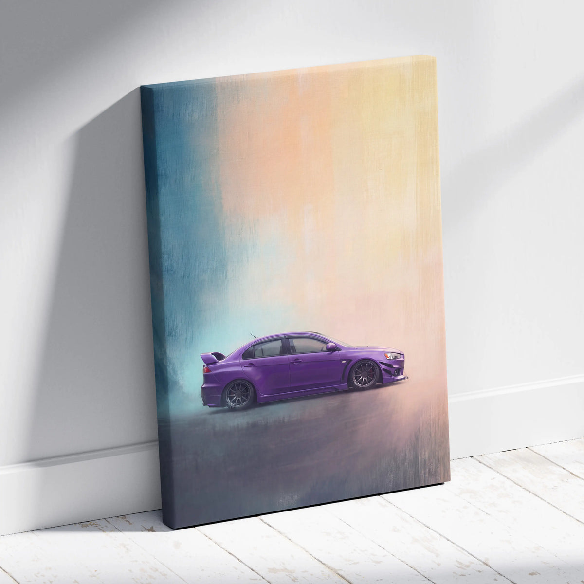 Purple Mitsubishi Lancer Evolution inspired canvas print featuring a sports car with gradient background for living room wall art