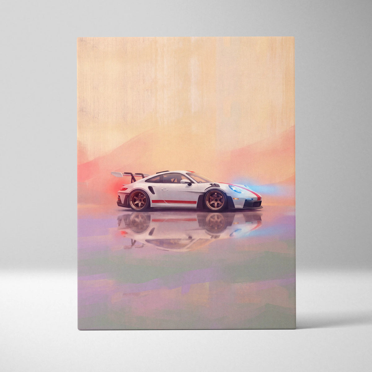 White Porsche 911 GT3 RS inspired supercar canvas art with red and blue accents custom car wall art print