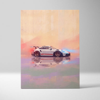 White Porsche 911 GT3 RS inspired supercar canvas art with red and blue accents custom car wall art print