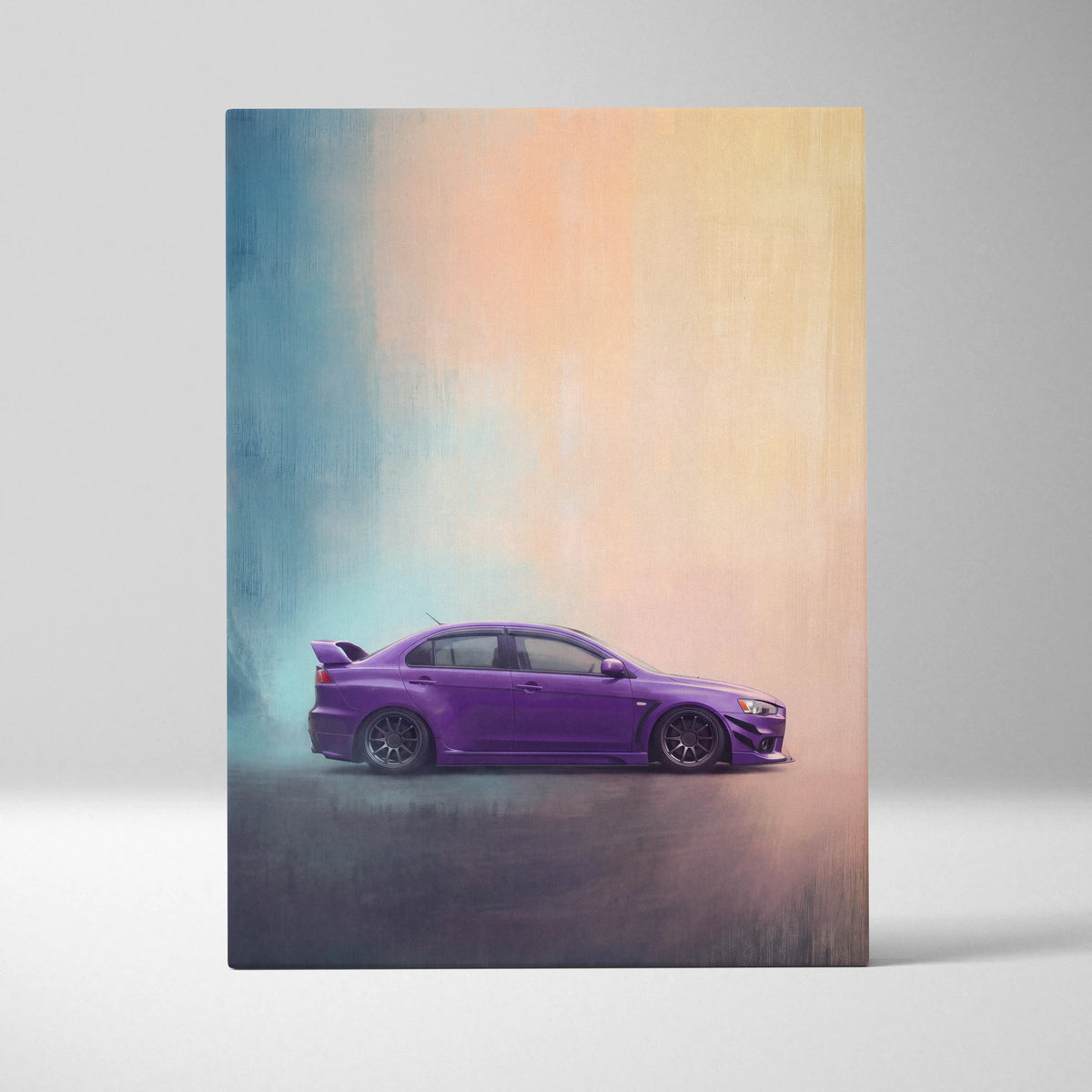 Purple mitsubishi lancer evolution sports car stylized illustration on jdm sedan canvas wall art for living room decor