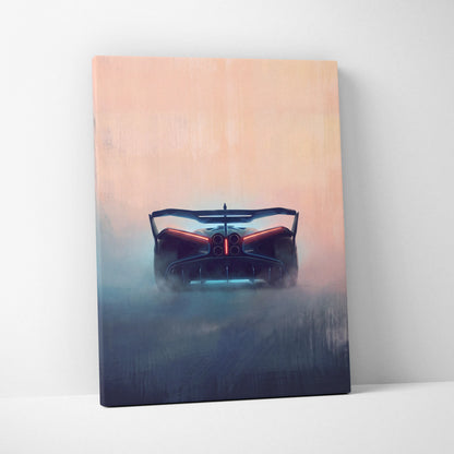 Bugatti bolide inspired automotive wall art featuring a sleek black sports car with glowing red taillights on canvas print