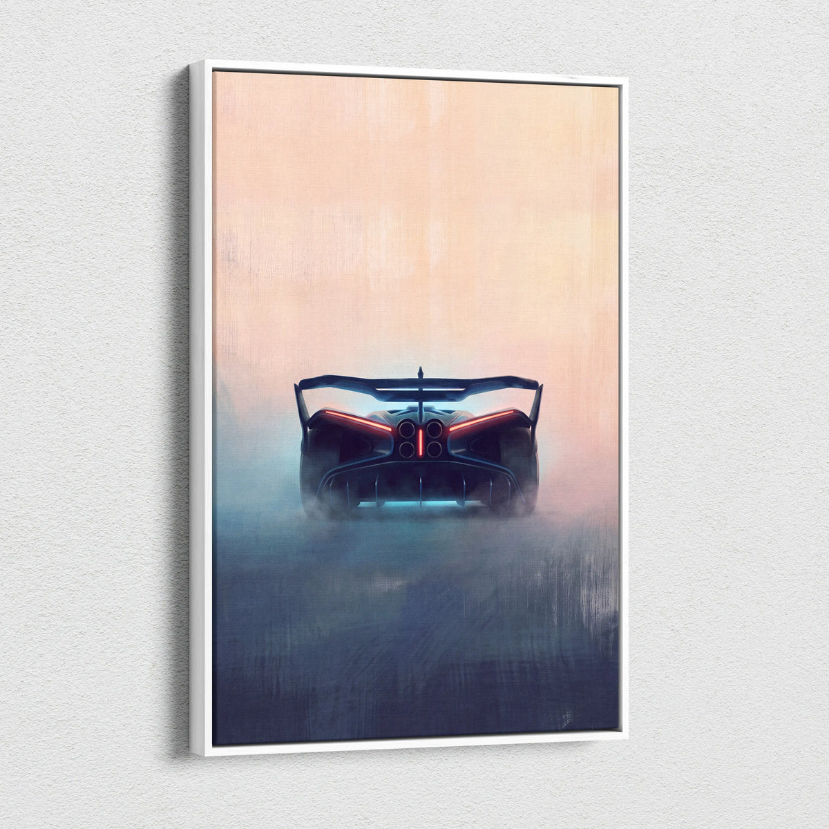 A framed luxury Bugatti Bolide inspired sports car wall art with dark tones, red taillights, and blue underglow canvas print