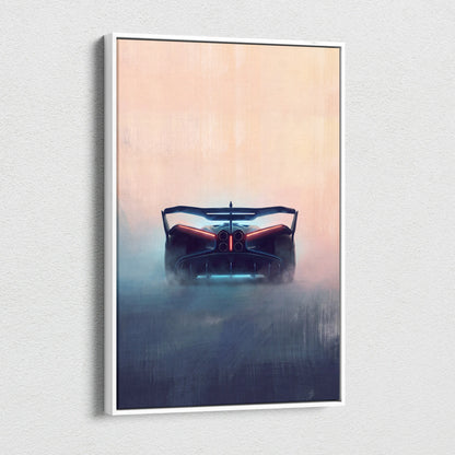 A framed luxury Bugatti Bolide inspired sports car wall art with dark tones, red taillights, and blue underglow canvas print
