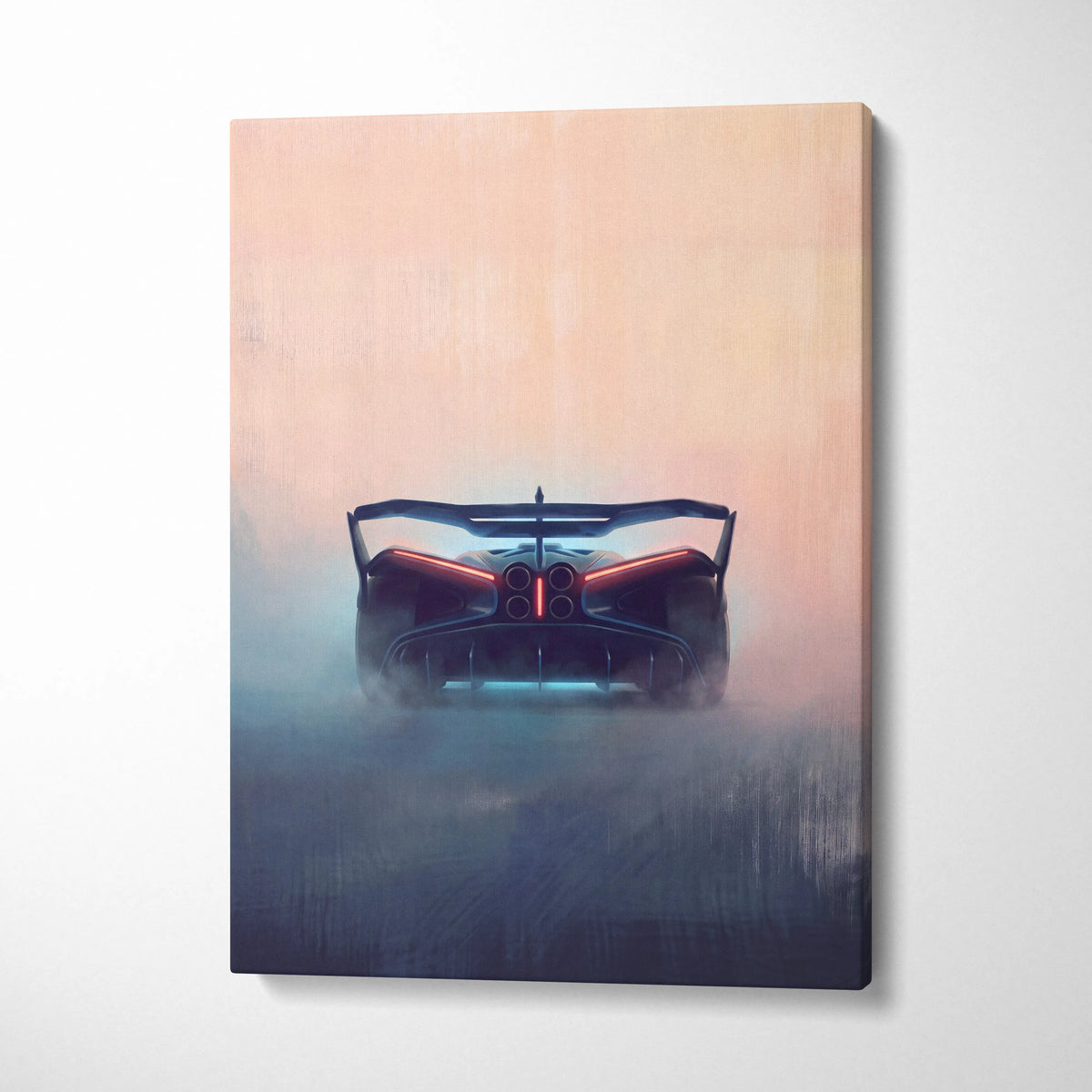 Bugatti Bolide inspired luxury supercar canvas print with glowing red and blue lights against gradient sky backdrop