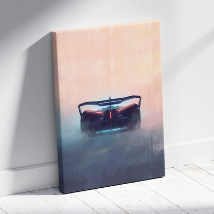 A sleek matte-finish Bugatti Bolide inspired canvas print of a black sports car with glowing red and blue accents