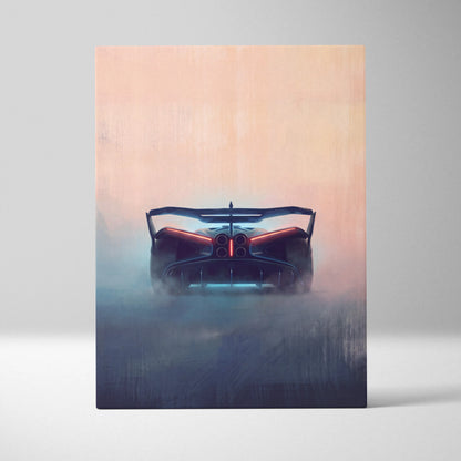 Bugatti bolide inspired automotive wall art showing the back of a sleek dark bugatti hypercar with red taillights and spoiler