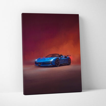 Ferrari sf90 spider inspired blue sports car canvas art featuring sleek convertible with glowing headlights and red taillights