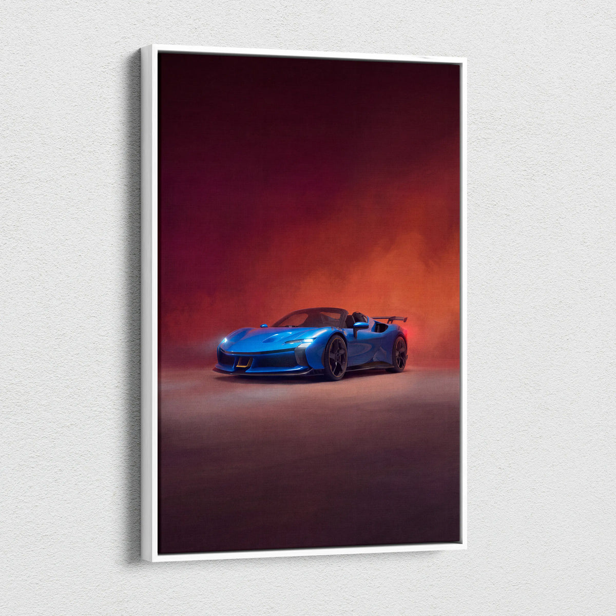 Blue Ferrari SF90 Spider inspired supercar canvas art print featuring a framed custom car wall art design