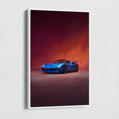 Blue Ferrari SF90 Spider inspired supercar canvas art print featuring a framed custom car wall art design