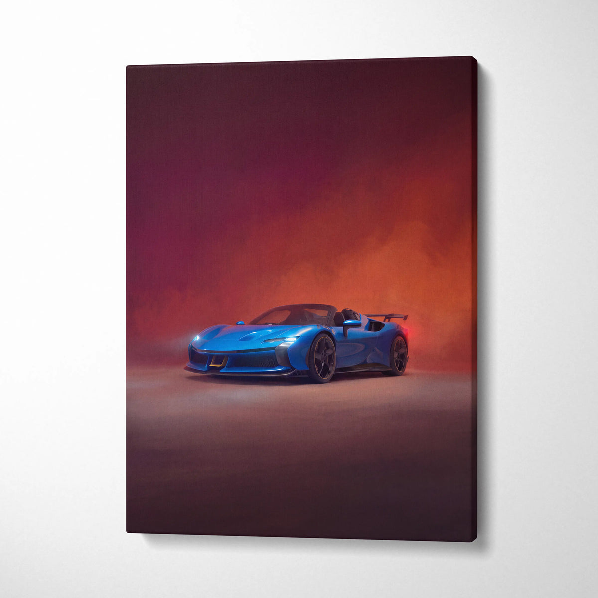 Vibrant blue ferrari sf90 spider inspired supercar canvas art print with glowing red and purple atmospheric lighting