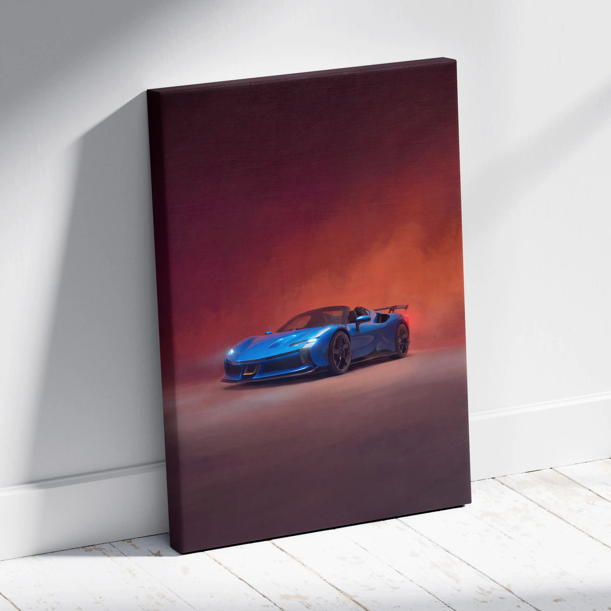 Blue Ferrari SF90 Spider inspired supercar canvas art featuring a sleek convertible with glowing headlights and sunset sky