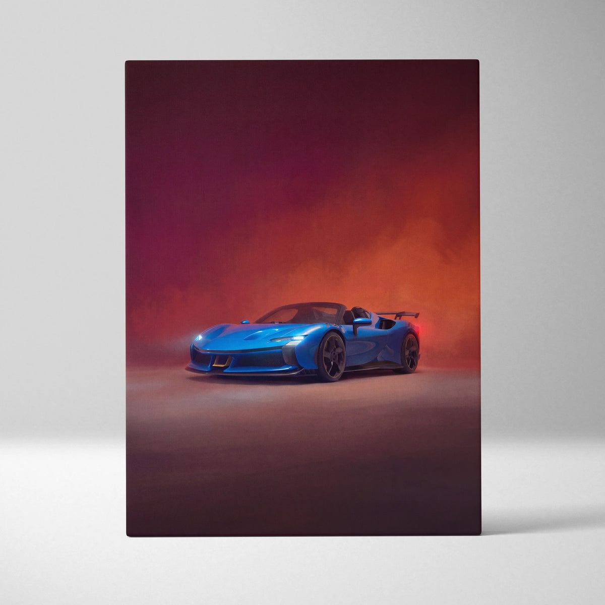 Vibrant blue Ferrari SF90 Spider inspired supercar canvas art with glowing red and purple atmospheric lighting