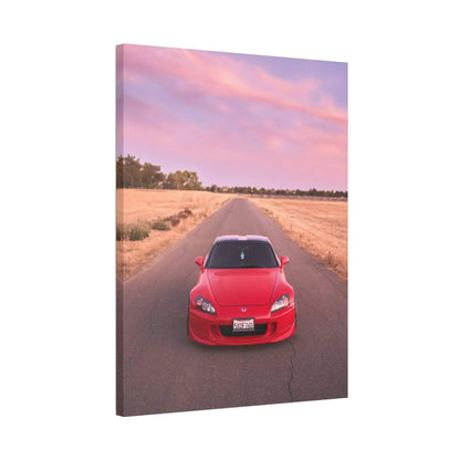 Red Honda S2000 photographed on rural road at sunset, vertical canvas wall art.