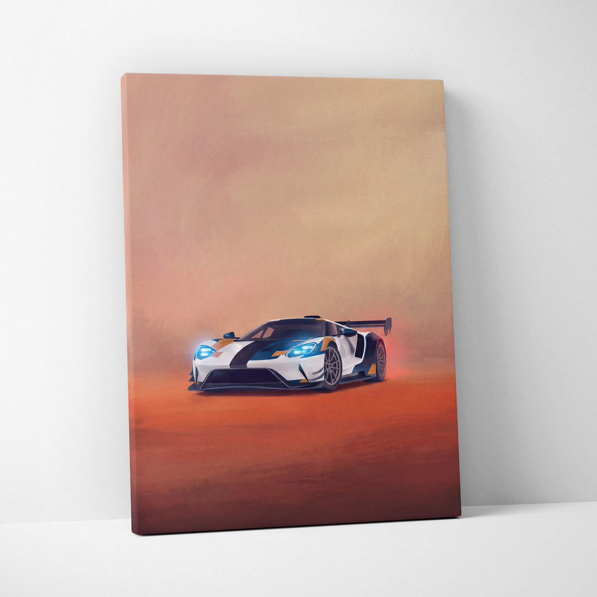Ford GT inspired canvas art featuring a sleek white and black race car with glowing blue headlights in a desert setting