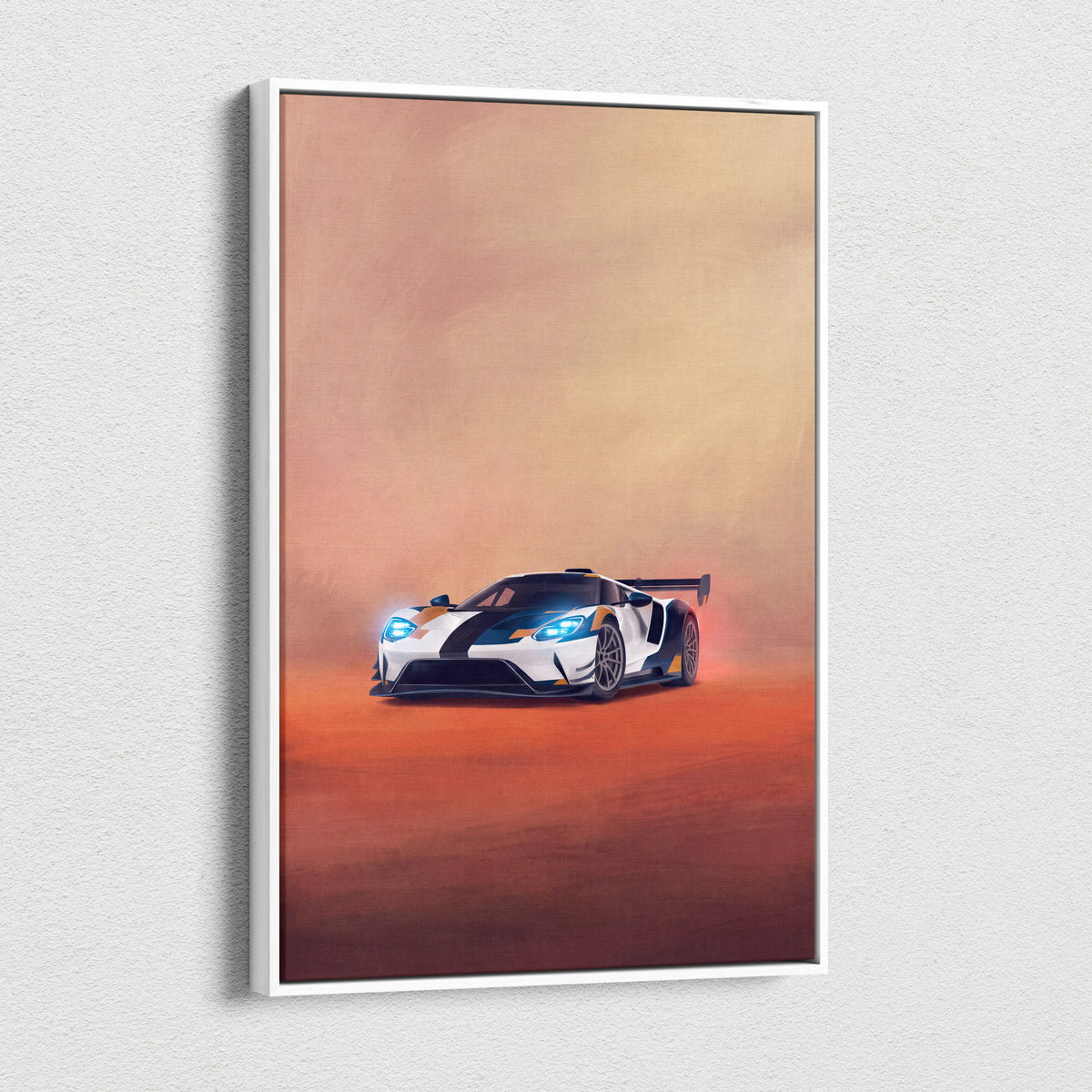 Ford GT inspired canvas art featuring a white and black racing car with glowing blue headlights in a sleek white frame