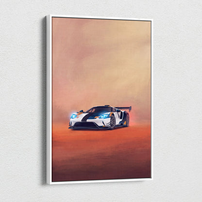 Ford GT inspired canvas art featuring a white and black racing car with glowing blue headlights in a sleek white frame