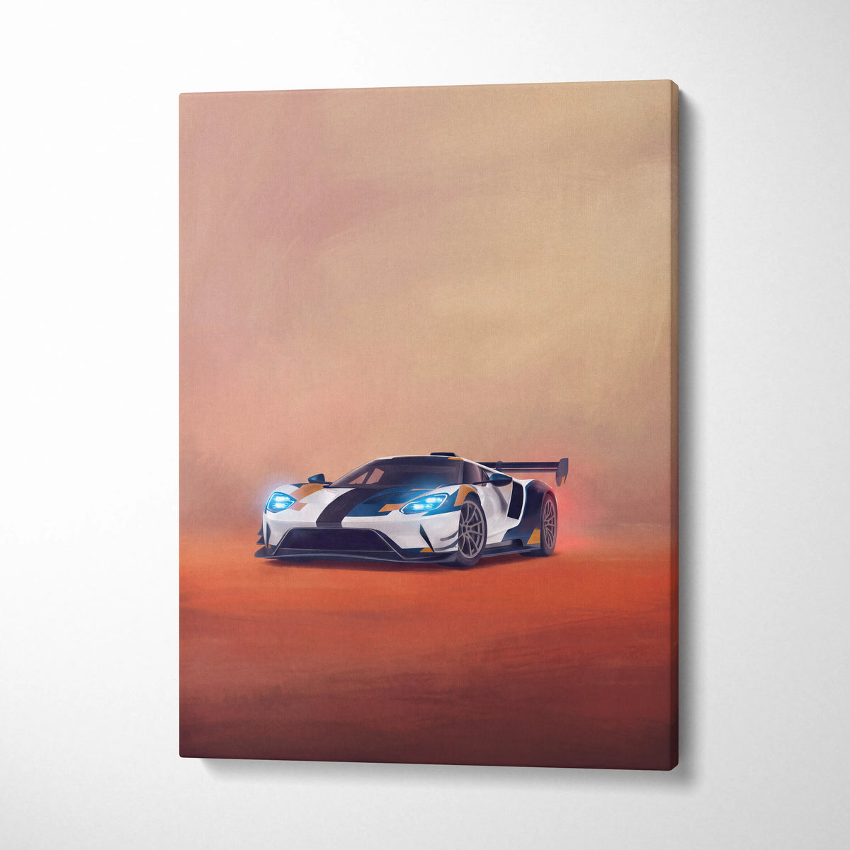 Ford GT inspired canvas art featuring a white and black racing car with blue accents in premium wall decor