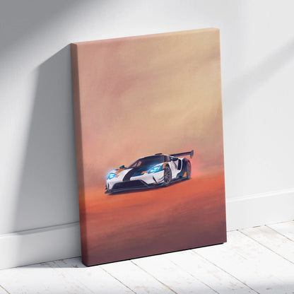 Ford GT inspired canvas art featuring a sleek white and black racing car with glowing blue headlights on warm sky background