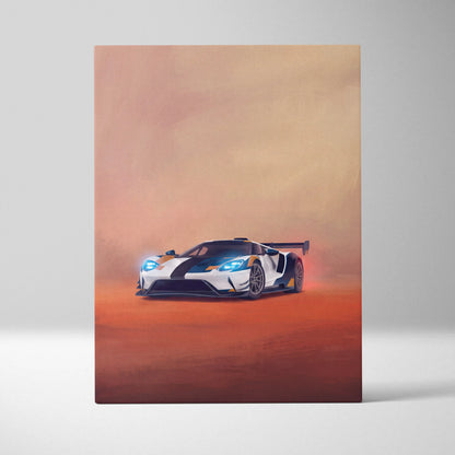 White and black racing car with blue accents stylized illustration on canvas for ford gt inspired automotive wall decor