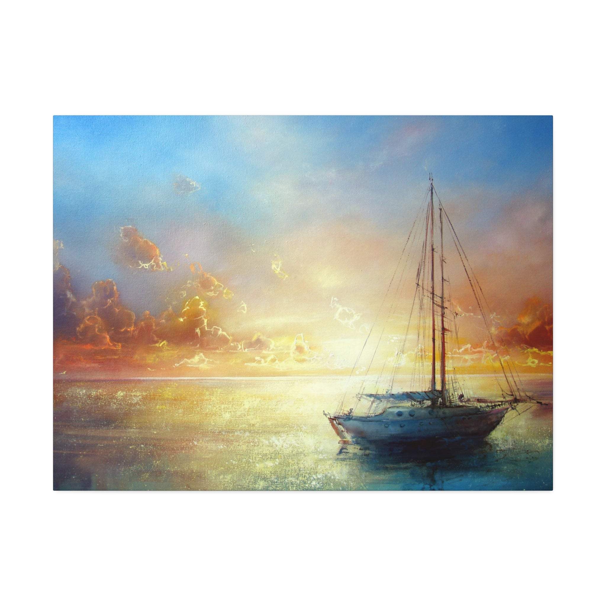 A serene oil painting canvas print of a sailboat at sunset with warm orange and blue hues and soft brushstrokes