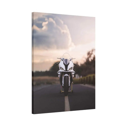 BMW S1000RR motorcycle facing forward on road at sunset, vertical canvas wall art print.