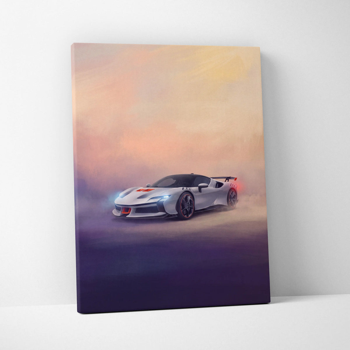 White ferrari sf90 xx stradale sports car canvas print with glowing blue red accents on gradient sunset background