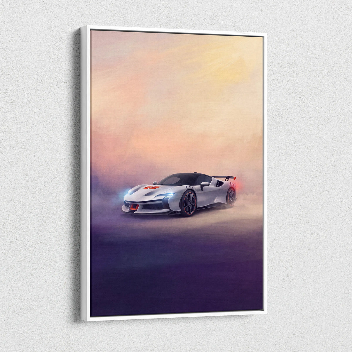 White framed canvas print of a sleek futuristic ferrari sf90 xx stradale inspired sports car with glowing headlights and red grille accents