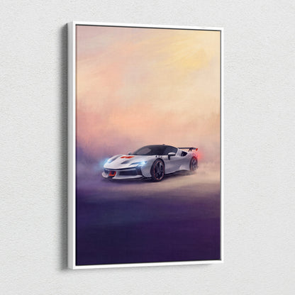 White framed canvas print of a sleek futuristic ferrari sf90 xx stradale inspired sports car with glowing headlights and red grille accents
