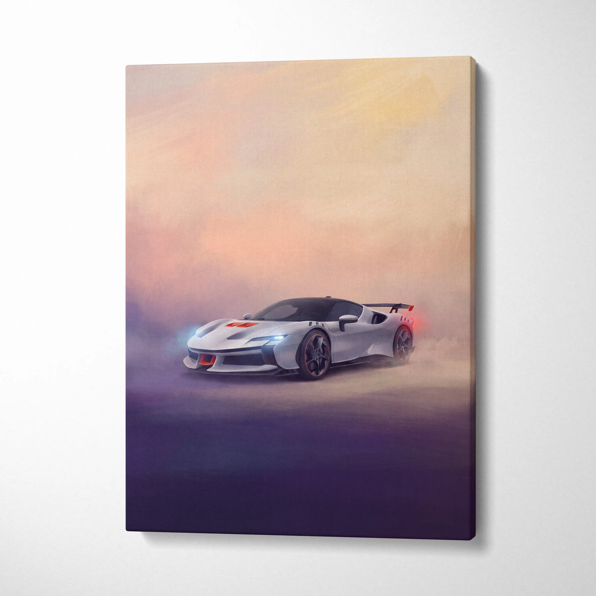White Ferrari SF90 XX Stradale inspired sports car canvas print with orange and black accents in sleek aerodynamic design