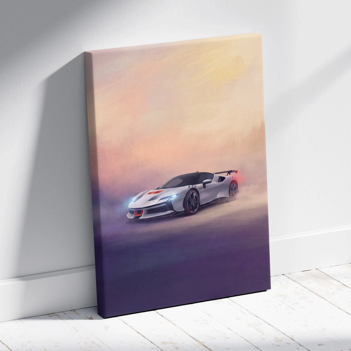 A sleek silver Ferrari SF90 XX Stradale inspired canvas print with glowing headlights and red accents at sunset