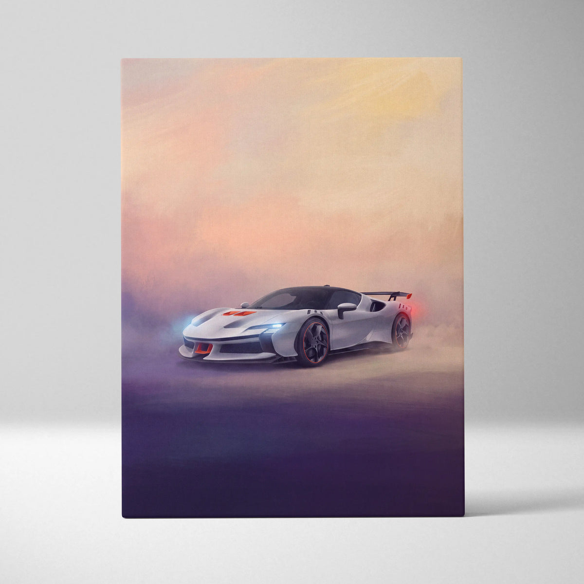 White ferrari sf90 stradale sports car with black accents and glowing headlights on track edition canvas print
